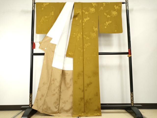 平和屋着物●上質な色無地　蔦の葉地紋　山吹茶色　正絹　逸品　未使用　AABF2007cs 平和屋着物○上質な色無地 蔦の葉地紋 山吹茶色 正絹 逸品