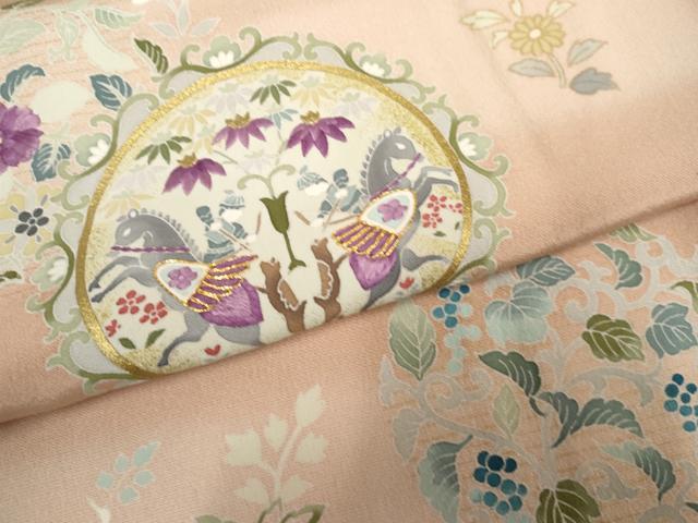 平和屋着物●京の名門　じゅらく謹製　訪問着　駒刺繍　狩猟花丸文　暈し染め　金糸　金彩　正絹　逸品　AABF2022cs