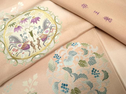 平和屋着物●京の名門　じゅらく謹製　訪問着　駒刺繍　狩猟花丸文　暈し染め　金糸　金彩　正絹　逸品　AABF2022cs