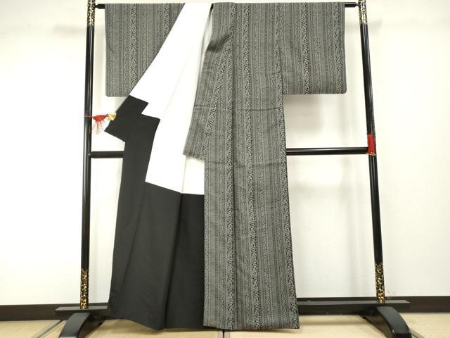 平和屋着物●お召　吉祥花間道　黒地　正絹　逸品　AABF2029cs