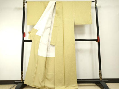 平和屋着物●上質な色無地　葉尽くし地紋　枯草色　正絹　逸品　AABF2033cs