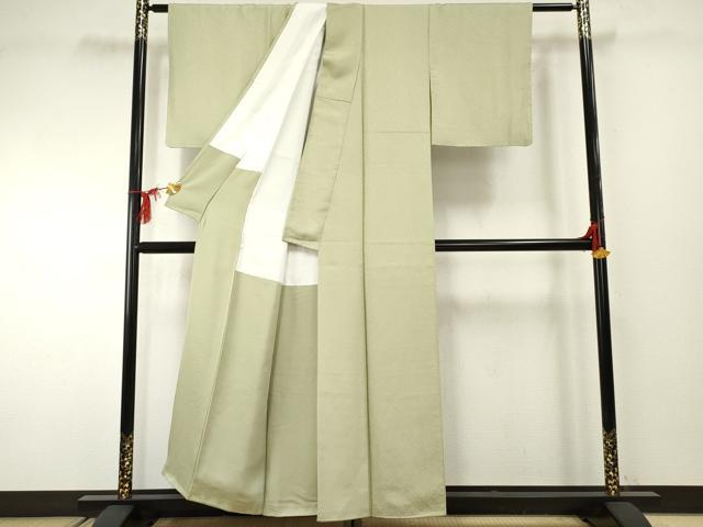 平和屋着物●京加賀友禅　百貫石峰監修　お召　花唐草地紋　色無地　白緑色　正絹　逸品　AABF2034cs 平和屋着物○京加賀友禅 百貫石峰監修 お召 花唐草地紋