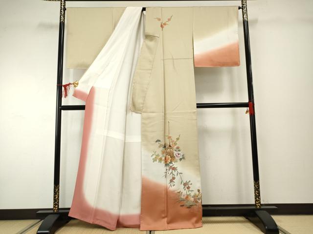 平和屋着物●友禅作家　大槻純　訪問着　流水草花文　暈し染め　金彩　正絹　逸品　AABF2035cs