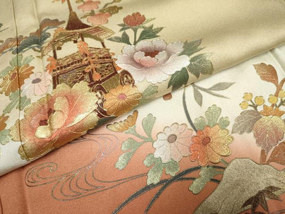平和屋着物●友禅作家　大槻純　訪問着　流水草花文　暈し染め　金彩　正絹　逸品　AABF2035cs