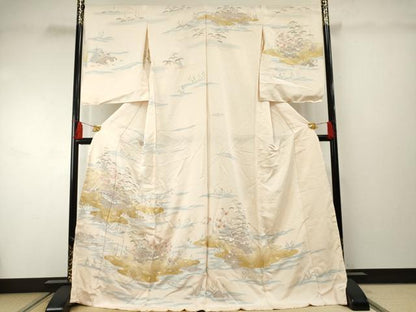 平和屋着物●訪問着　駒刺繍　松竹梅風景文　上代56万　金彩　仮絵羽　正絹　逸品　未使用　AABF2049cs