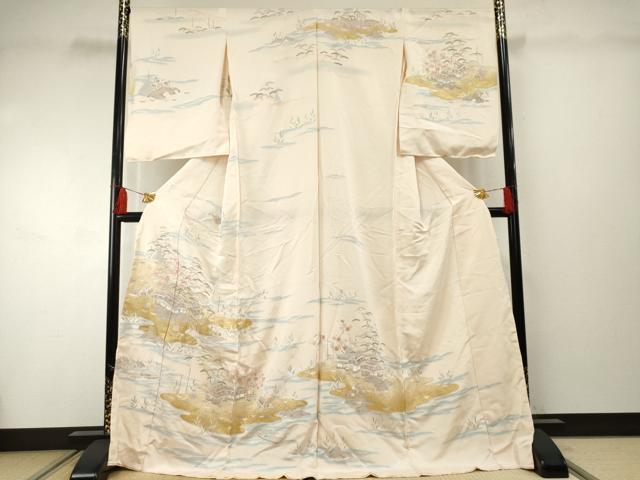 平和屋着物●訪問着　駒刺繍　松竹梅風景文　上代56万　金彩　仮絵羽　正絹　逸品　未使用　AABF2049cs