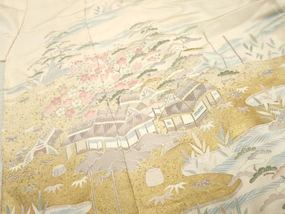 平和屋着物●訪問着　駒刺繍　松竹梅風景文　上代56万　金彩　仮絵羽　正絹　逸品　未使用　AABF2049cs