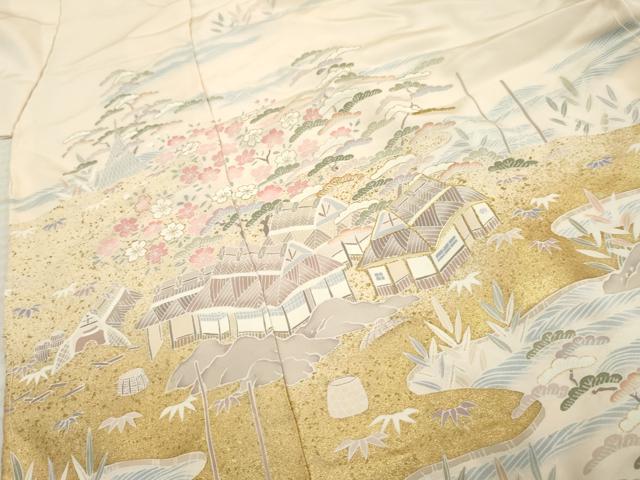 平和屋着物●訪問着　駒刺繍　松竹梅風景文　上代56万　金彩　仮絵羽　正絹　逸品　未使用　AABF2049cs