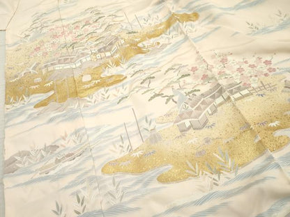 平和屋着物●訪問着　駒刺繍　松竹梅風景文　上代56万　金彩　仮絵羽　正絹　逸品　未使用　AABF2049cs