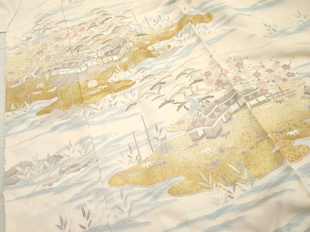 平和屋着物●訪問着　駒刺繍　松竹梅風景文　上代56万　金彩　仮絵羽　正絹　逸品　未使用　AABF2049cs