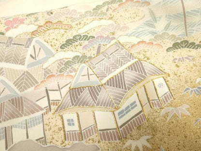平和屋着物●訪問着　駒刺繍　松竹梅風景文　上代56万　金彩　仮絵羽　正絹　逸品　未使用　AABF2049cs