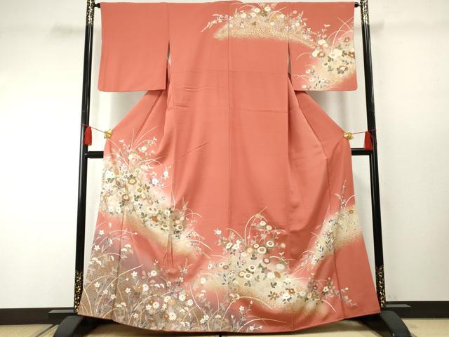 平和屋着物●訪問着　駒刺繍　草花文　暈し染め　金銀彩　正絹　逸品　AABF2058cs