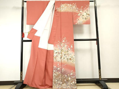 平和屋着物●訪問着　駒刺繍　草花文　暈し染め　金銀彩　正絹　逸品　AABF2058cs