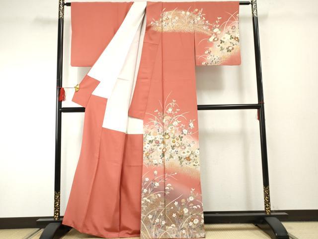 平和屋着物●訪問着　駒刺繍　草花文　暈し染め　金銀彩　正絹　逸品　AABF2058cs
