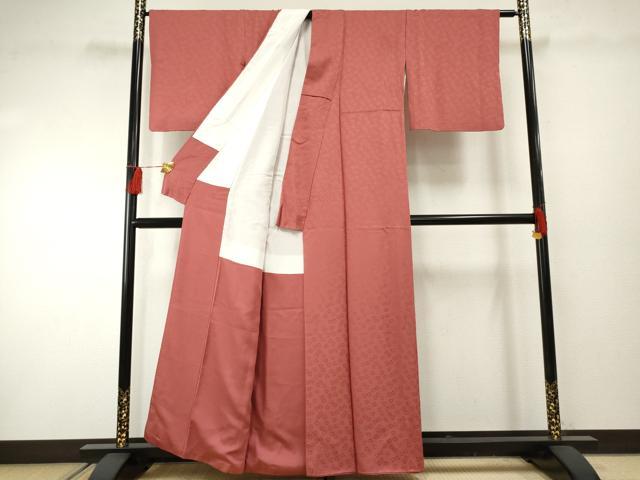 平和屋着物●上質な色無地　舞花地紋　真朱色　正絹　逸品　AABF2066cs