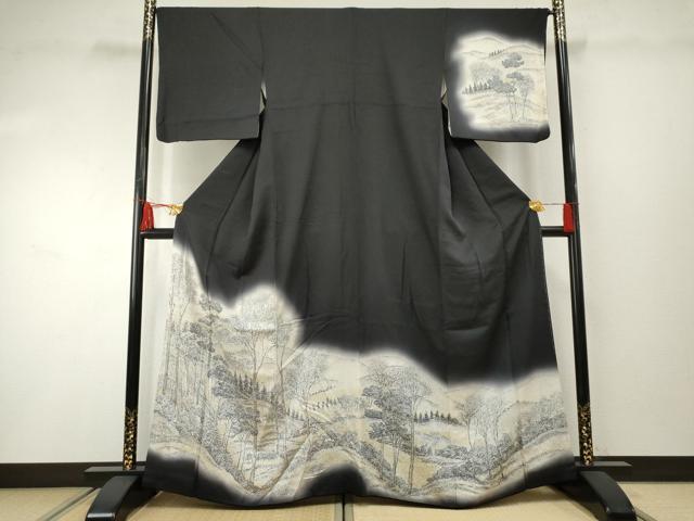 平和屋着物●訪問着　樹林風景文　暈し染め　黒地　金銀糸　正絹　逸品　AABF2075cs