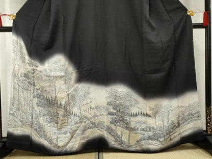 平和屋着物●訪問着　樹林風景文　暈し染め　黒地　金銀糸　正絹　逸品　AABF2075cs