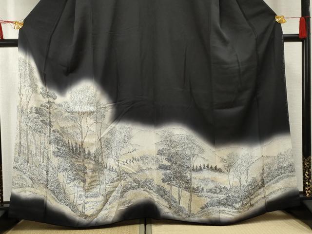 平和屋着物●訪問着　樹林風景文　暈し染め　黒地　金銀糸　正絹　逸品　AABF2075cs
