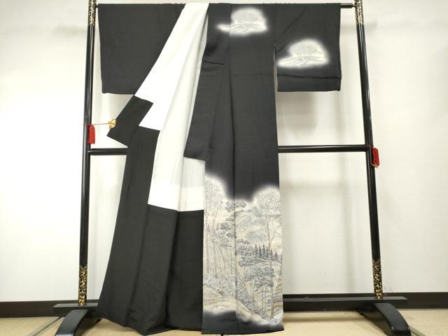 平和屋着物●訪問着　樹林風景文　暈し染め　黒地　金銀糸　正絹　逸品　AABF2075cs