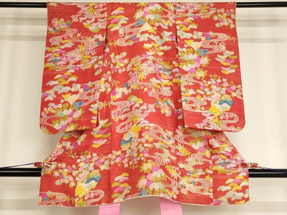 平和屋着物[]七五三　女の子　３歳　祝着　一つ身　流水風景花文　正絹　逸品　AABF2126ja