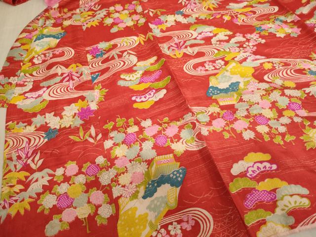 平和屋着物[]七五三　女の子　３歳　祝着　一つ身　流水風景花文　正絹　逸品　AABF2126ja