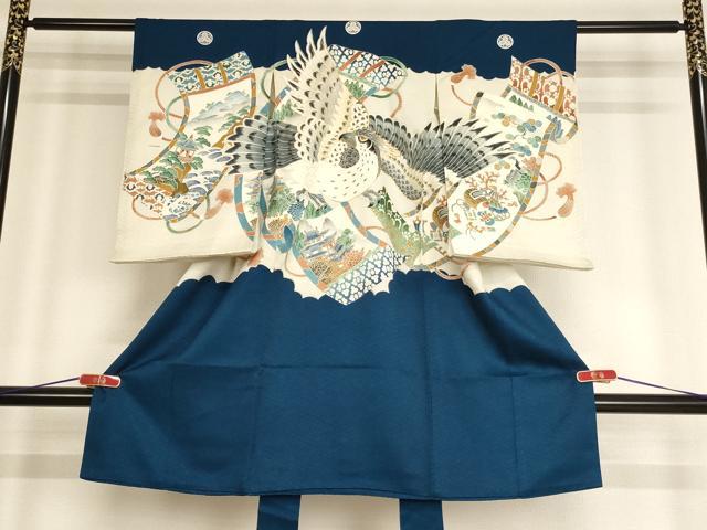 平和屋着物[]お宮参り　男の子　祝着　産着　初着　のしめ　駒刺繍　鷹　風景絵巻文　金彩　正絹　逸品　AABF2131ja