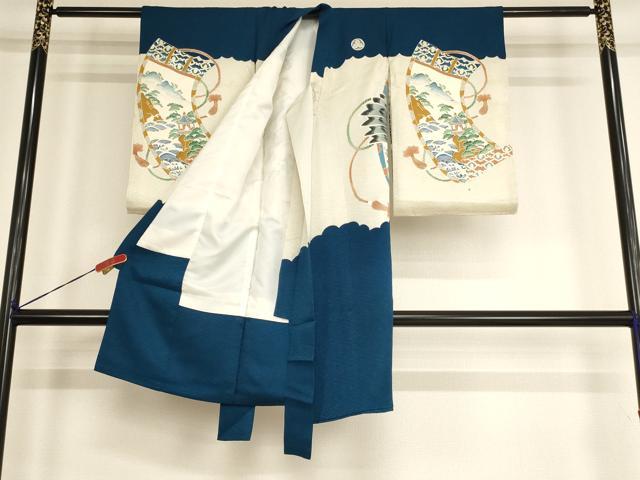 平和屋着物[]お宮参り　男の子　祝着　産着　初着　のしめ　駒刺繍　鷹　風景絵巻文　金彩　正絹　逸品　AABF2131ja