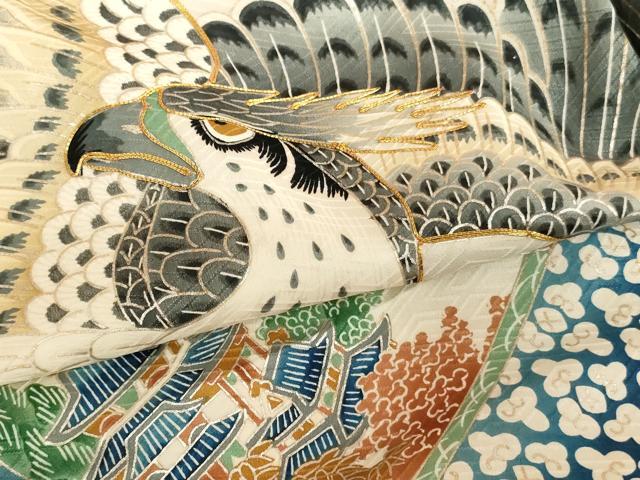 平和屋着物[]お宮参り　男の子　祝着　産着　初着　のしめ　駒刺繍　鷹　風景絵巻文　金彩　正絹　逸品　AABF2131ja
