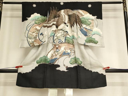 平和屋着物[]お宮参り　男の子　祝着　産着　初着　のしめ　鷹　風景絵巻文　金彩　逸品　AABF2134ja