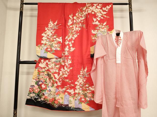 平和屋着物[]七五三　女の子　７歳　祝着　四つ身　長襦袢(単衣)セット　源氏車花文　金彩　正絹　逸品　AABF2135ja