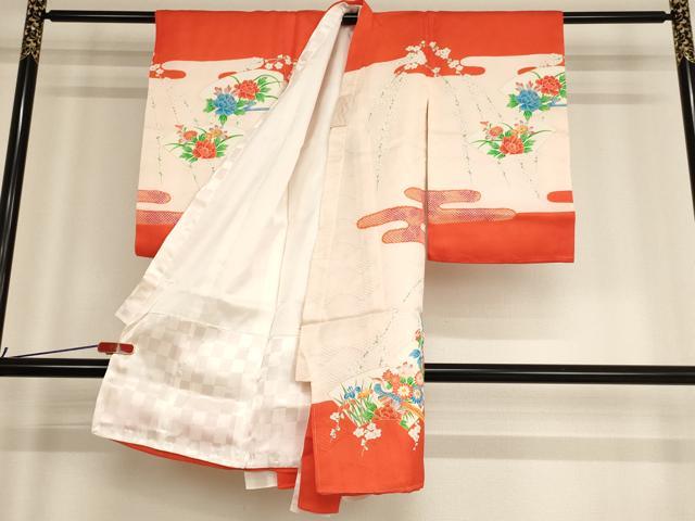 平和屋着物[]お宮参り　女の子　祝着　産着　初着　のしめ　駒刺繍　尾長鳥地紙花文　金彩　逸品　AABF2136ja