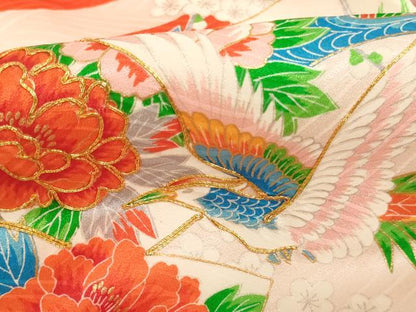 平和屋着物[]お宮参り　女の子　祝着　産着　初着　のしめ　駒刺繍　尾長鳥地紙花文　金彩　逸品　AABF2136ja