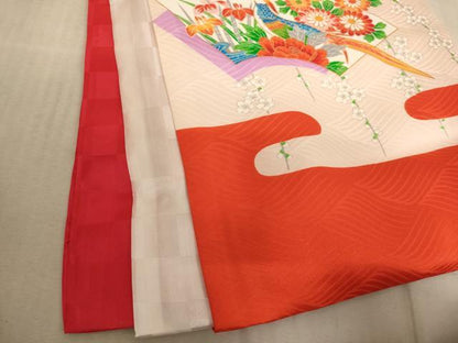 平和屋着物[]お宮参り　女の子　祝着　産着　初着　のしめ　駒刺繍　尾長鳥地紙花文　金彩　逸品　AABF2136ja