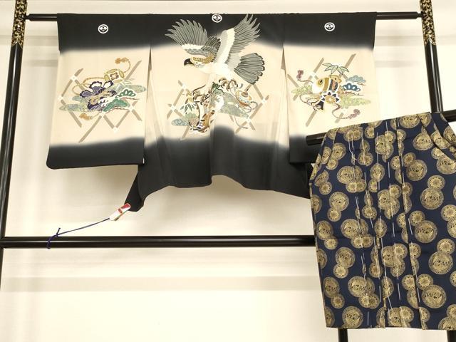 平和屋着物[]七五三　男の子　5歳　羽織・行灯袴セット　吉祥鷹文　暈し染め　金彩　AABF2139ja