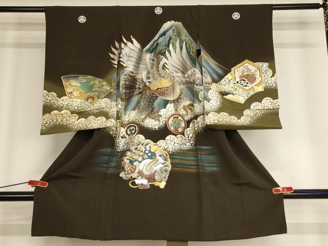 平和屋着物[]お宮参り　男の子　祝着　産着　初着　のしめ　鷹　富士山　暈し染め　金銀彩　正絹　逸品　AABF2140ja
