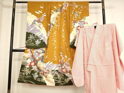 平和屋着物[]七五三　女の子　７歳　祝着　四つ身　長襦袢セット　飛鶴扇面花手毬文　暈し染め　金彩　逸品　AABF2141ja
