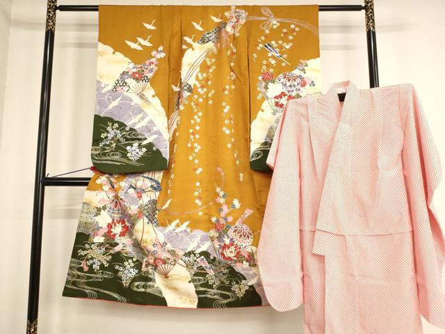 平和屋着物[]七五三　女の子　７歳　祝着　四つ身　長襦袢セット　飛鶴扇面花手毬文　暈し染め　金彩　逸品　AABF2141ja