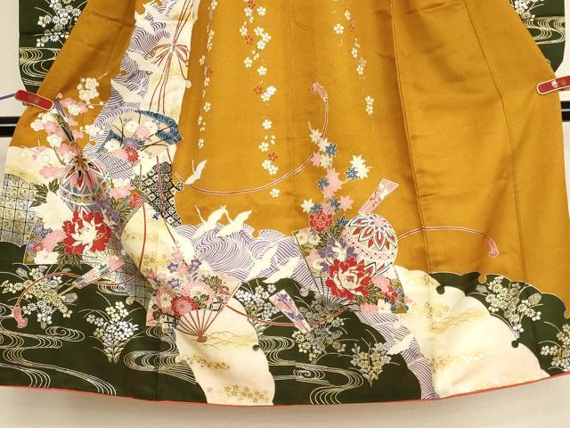 平和屋着物[]七五三　女の子　７歳　祝着　四つ身　長襦袢セット　飛鶴扇面花手毬文　暈し染め　金彩　逸品　AABF2141ja