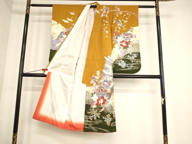 平和屋着物[]七五三　女の子　７歳　祝着　四つ身　長襦袢セット　飛鶴扇面花手毬文　暈し染め　金彩　逸品　AABF2141ja