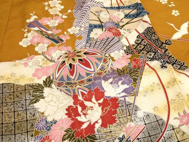 平和屋着物[]七五三　女の子　７歳　祝着　四つ身　長襦袢セット　飛鶴扇面花手毬文　暈し染め　金彩　逸品　AABF2141ja