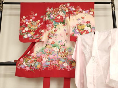 平和屋着物[]七五三　女の子　３歳　祝着　三つ身　長襦袢(袷)セット　花手毬文　暈し染め　金彩　逸品　AABF2142ja