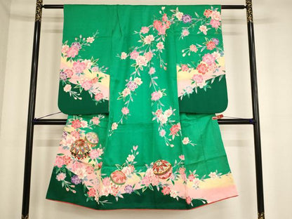 平和屋着物[]七五三　女の子　７歳　祝着　四つ身　桜手毬文　暈し染め　金彩　AABF2150ja