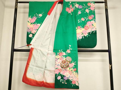 平和屋着物[]七五三　女の子　７歳　祝着　四つ身　桜手毬文　暈し染め　金彩　AABF2150ja
