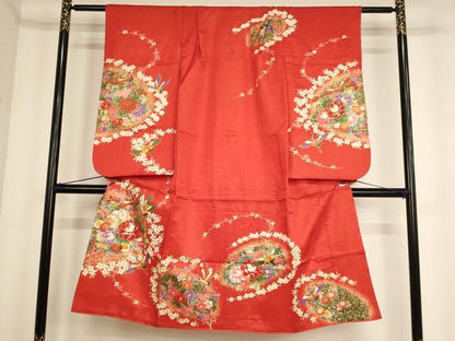 平和屋着物[]七五三　女の子　７歳　祝着　四つ身　飛鶴花文　金彩　金通し地　AABF2151ja