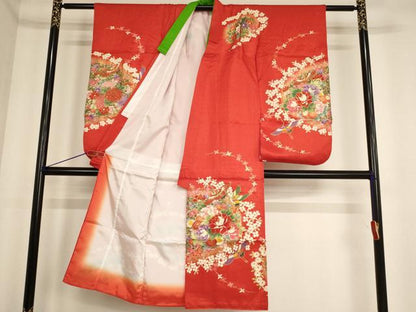 平和屋着物[]七五三　女の子　７歳　祝着　四つ身　飛鶴花文　金彩　金通し地　AABF2151ja