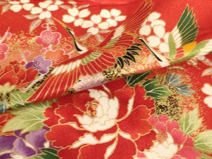 平和屋着物[]七五三　女の子　７歳　祝着　四つ身　飛鶴花文　金彩　金通し地　AABF2151ja