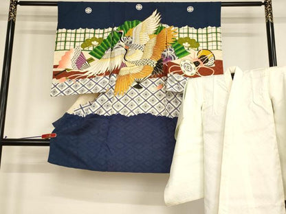 平和屋着物[]七五三 男の子 3歳 一つ身 祝着・長襦袢(袷)セット 駒刺繍 飛鶴文 金銀糸 金彩 逸品 AABF2152ja