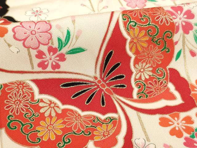 平和屋着物[]七五三　女の子　5歳　祝着　四つ身　長襦袢(無双仕立て)セット　絞り　雲取り舞蝶桜文　金彩　逸品　AABF2154ja