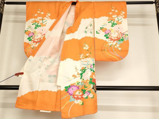平和屋着物[]七五三　女の子　３歳　祝着　一つ身　長襦袢(無双仕立て)セット　駒刺繍　花車文　金彩　逸品　AABF2156ja
