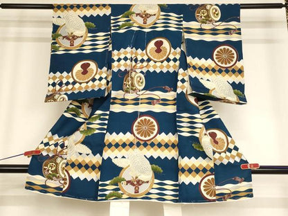 平和屋着物[]お宮参り　男の子　花丸文　鷹　太鼓　銀彩　正絹　逸品　未使用　AABF2158ja